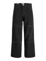 Pantalón negro de corte casual con costuras en contraste color blanco. Confeccionado en tejido canvas de algodón resistente.