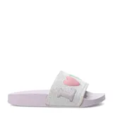 Sandalia plana color lila con glitter plateado en la tira superior y apliques de corazón y letras formando la palabra "love".