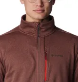 Campera polar Columbia Park View Fleece, color azul jaspeado, con cierre frontal completo, cuello alto, bolsillos laterales con cierre y bolsillo en el pecho con cierre vertical en color verde lima. Cuenta con tecnología Omni-Wick, puños elásticos con orificios para pulgares y protector de barbilla.