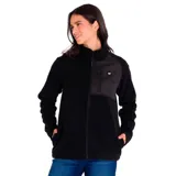 Campera polar de mujer Caterpillar, color negro con detalles en lila. Cuenta con cierre frontal, bolsillo en el pecho con cierre y bolsillos laterales.