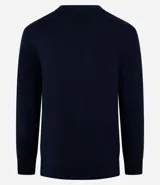 Suéter azul marino de tejido de punto liso, con cuello V y mangas largas.