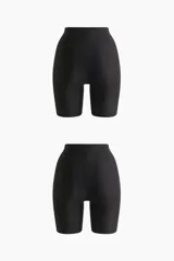 Pack de dos culottes tipo shorts de microfibra negra, con tiro alto y efecto moldeador en cintura, glúteos y caderas. Presentan ribetes cortados por láser para un acabado invisible bajo la ropa.
