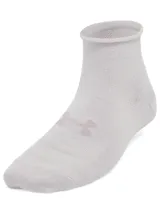 Pack de tres pares de medias Under Armour Essential, de corte tobillero, color blanco con detalles en lila y logo de la marca.