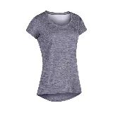 Remera deportiva gris jaspeado de corte clásico, cuello redondo y mangas cortas.