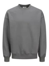Buzo gris de manga larga y cuello redondo, marca Jack & Jones, con calce holgado y tejido de felpa suave en el interior.
