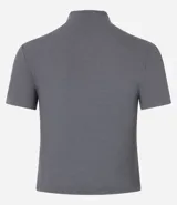 Remera marrón de ribana con cuello alto y mangas cortas.