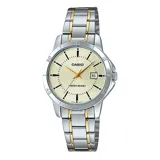 Reloj Casio para mujer, modelo LTPV004SG-9AUDF, con caja y pulsera de acero inoxidable combinado en plateado y dorado. Esfera color champagne de 30mm con agujas doradas y calendario.