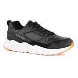 Championes negros de cuero sintético con detalles en gamuza, logo de la marca en el lateral, suela blanca y detalles en color caramelo.