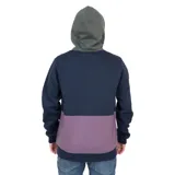 Canguro azul marino con capucha forrada en gris, bolsillo tipo canguro con ribete en lila y logo Volcom bordado en el pecho.