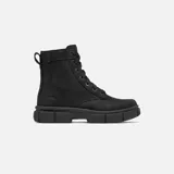 Bota de cuero negra con cordones, suela de goma y tirador trasero.