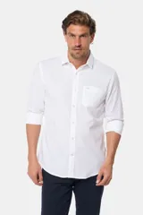 Camisa de lino blanca de manga larga, con bolsillo en el pecho con logo bordado y botones personalizados.
