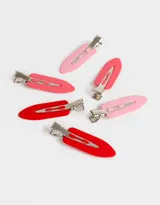 Set de seis hebillas para el pelo tipo pico de cigüeña, en colores rosa claro, rosa, rojo y fucsia.