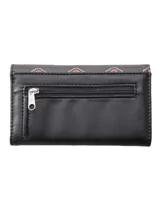 Billetera negra con estampado floral en tonos naranja y blanco, con logo Rip Curl en relieve en la parte inferior.