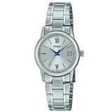 Reloj Casio para mujer, modelo LTPV002D-7B3UDF, con caja y correa de acero inoxidable plateado. Esfera plateada con agujas azules y números romanos en las posiciones de las 12 y las 6. Incluye indicador de fecha.