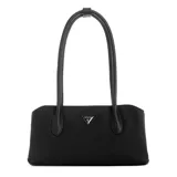 Cartera de hombro negra con doble asa corta y logo triangular metálico plateado de Guess en el frente.
