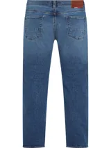 Pantalón de jean azul de corte recto, con efecto desgastado, cinco bolsillos y cierre de botón y cremallera. Confeccionado en algodón y elastano.