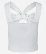 Blusa corta blanca de crepé, con breteles anchos, recorte en el busto y nudo en el escote.