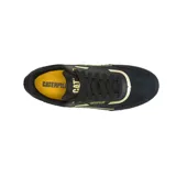 Zapatillas Caterpillar Pause Retro T-Toe de cuero gamuzado negro con detalles dorados y suela blanca.