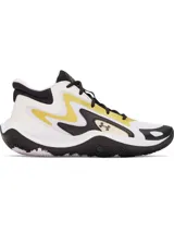 Championes deportivos Under Armour modelo Jet 25, caña media, color blanco con detalles en amarillo y negro. Presentan un diseño dinámico con entresuela Micro G® para amortiguación y logo de la marca en el lateral.