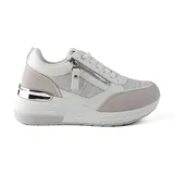 Zapatillas urbanas color gris y blanco con plataforma, cierre con cordones y detalle de cremallera lateral.