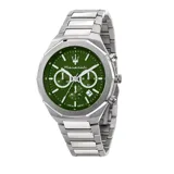 Reloj Maserati Stile con caja de acero plateado de 45mm y esfera verde. Cuenta con cronógrafo, fechador y cristal mineral resistente. Es resistente al agua hasta 100 metros.