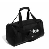 Bolso Adidas Linear Duffel pequeño, color negro con logo blanco. Tiene doble asa de mano, correa de hombro ajustable y extraíble, compartimento principal con cierre de doble vía, bolsillo externo, bolsillos internos y compartimento lateral para calzado.