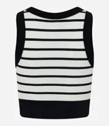 Musculosa sin mangas de poliamida seamless, con cuello redondo, acanalada y rayada horizontalmente en blanco y negro.