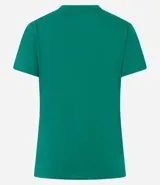 Blusa básica de algodón color tostado, de manga corta con dobladillo y nudo frontal.