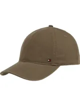 Gorra de béisbol color verde oliva con tejido de espiga, diseño de seis paneles, botón en la parte superior, ojales de ventilación, hebilla de ajuste metálica en la parte trasera y logo esmaltado de Tommy en la parte delantera.