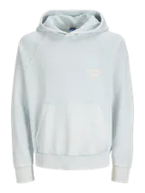 Buzo con capucha celeste, de manga larga y fit loose. Confeccionado en tejido loop back cepillado por dentro, con mangas ranglán, puños de canalé, forro de la misma tela en el interior de la capucha y estampa en goma de tacto suave ubicada en la espalda.