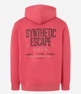 Hoodie color salmón de algodón con felpa, corte comfort, capucha con cordón ajustable, manga larga, bolsillo canguro, barras ajustadas y estampa lettering "Synthetic escape" en frente y espalda.