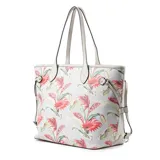 Bolso tote de símil cuero con estampado floral multicolor y herrajes plateados. Tiene doble asa fija, cierre superior, un compartimento principal, un bolsillo interno con cierre y dos bolsillos internos abiertos. El interior está forrado en tela de algodón y poliéster.
