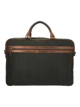 Maletín unisex de lona color verde oscuro con detalles en cuero marrón. Tiene manija superior, correa bandolera ajustable y cierre con hebillas.