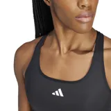 Top deportivo Adidas Techfit negro con logo blanco en el centro y banda elástica inferior con la inscripción "Techfit" y logo de Adidas en blanco.