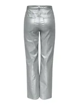 Pantalón plateado de twill con cintura alta y corte de pierna ancha.