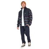 Canguro micropolar con cierre completo y cuello alto, con diseño estampado de inspiración étnica y paneles en color azul marino.