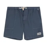 Bermuda de lona color azul oscuro con cintura elástica y cordón de ajuste color crema. Presenta paneles con costuras visibles y un pequeño parche de tela con el logo "Critical Slide" en la parte inferior del muslo derecho.