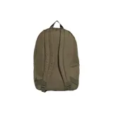 Mochila Adidas color verde oliva con logo de las tres barras en degradé de grises. Tiene un bolsillo frontal con cierre, bolsillos laterales sin cierre y correas acolchadas ajustables.