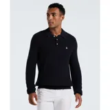 Sweater tipo polo de manga larga color azul marino, tejido de punto en algodón con trama zigzag y cuello con tapeta de botones.