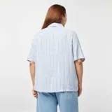 Camisa celeste y blanca a rayas verticales, de corte holgado y mangas cortas con dobladillo.
