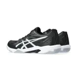 Zapatillas Asics Gel Rocket 11 negras con detalles en blanco, diseñadas para deportes de interior.