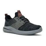 Championes Skechers Delson 3.0 Cicada, color negro con detalles en gris y marrón. Zapatilla Oxford slip-on con parte superior de malla de knit ligera y de material sintético liso con cordones elásticos en la parte delantera y plantilla SKECHERS Air Cooled Memory Foam con amortiguación.