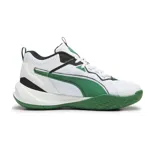Championes de básquet Puma Playmaker 2023, blancos con detalles en verde y negro.