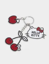 Llavero metálico esmaltado con dijes de cerezas, manzana y Hello Kitty.