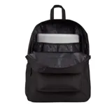 Mochila Jansport Superbreak Plus color negro, con un compartimento principal, un bolsillo frontal con organizador y un bolsillo lateral para botella de agua.