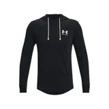 Buzo Under Armour para hombre, modelo Rival Terry LC HD, color negro con capucha y cordones blancos. Logo de la marca estampado en blanco en el pecho.