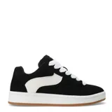 Zapatillas deportivas negras con detalles en blanco, suela blanca y base marrón.