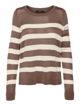 Sweater Vero Moda a rayas horizontales marrones y blancas, de tejido fino con cuello redondo y mangas largas.