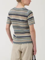 Remera de calado rayado con cuello redondo y manga corta. Confeccionada en algodón orgánico con lurex.