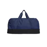 Bolso de deporte Adidas Tiro League, color azul marino con base negra y logo blanco. Cuenta con doble asa de mano, correa de hombro ajustable, compartimento principal con cierre en forma de U, bolsillo lateral de malla y compartimento inferior rígido.